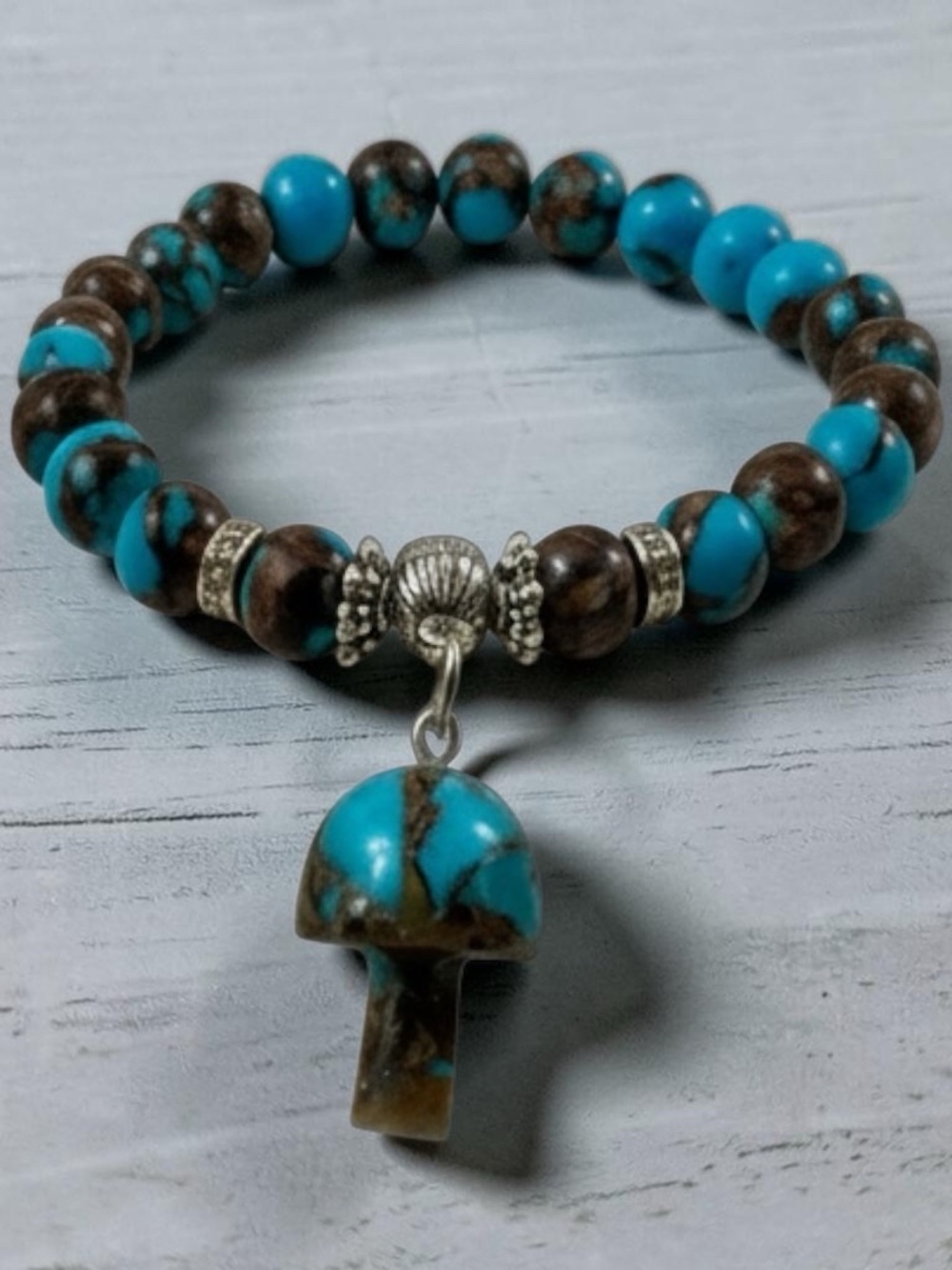 Hand Crafted Turquoise & Brown Beaded Bracelet with Mushroom Charm